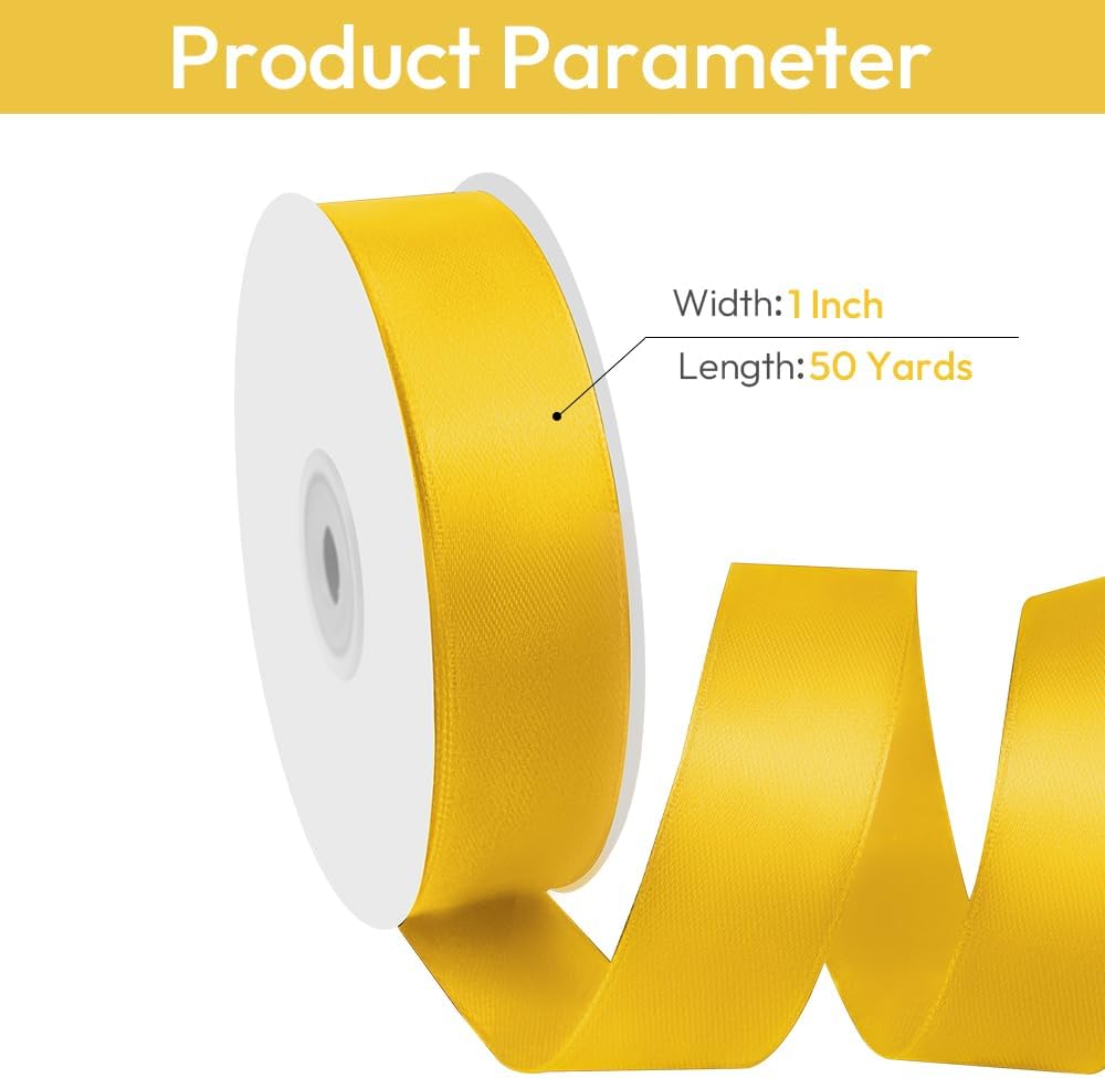 1" Width x 50 Yards Satin Fabric Ribbon, Yellow Ribbon Perfect for DIY Bows, Swags, Gift Wrapping, Craft, Flower Bouquet，Christmas and Party Decoration