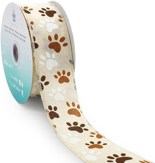 CT CRAFT LLC Ivory Canvas Dog Paw Wired Ribbon 1.5 Inch x 10 Yards for Christmas Home Decor Tree Topper Bow Gift Wrapping DIY Crafts Wreath Garland