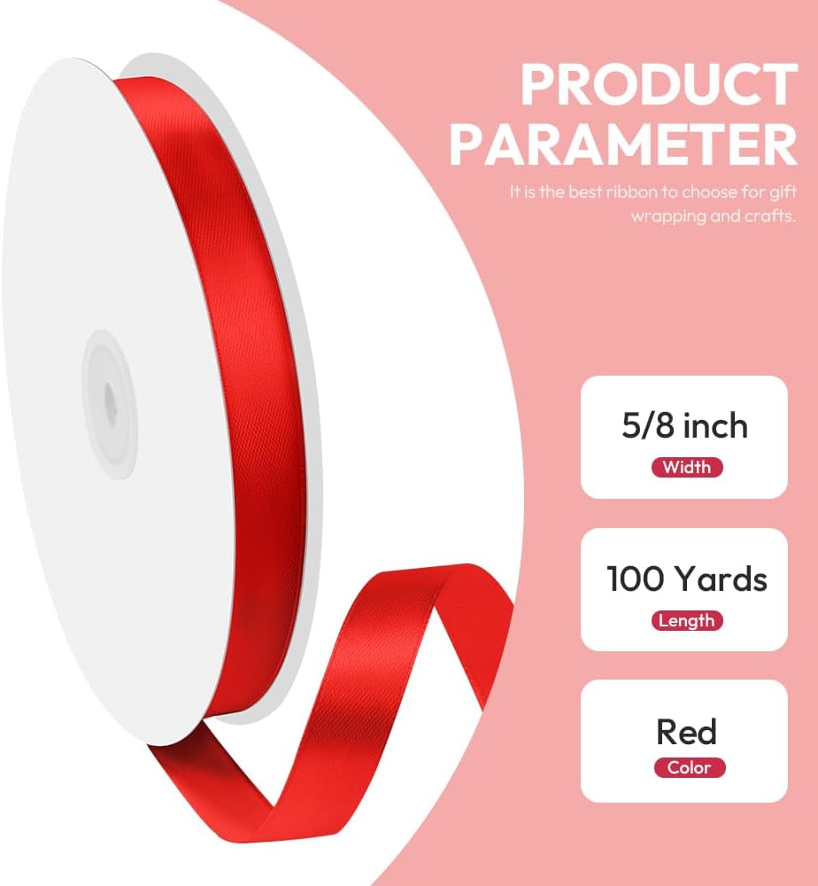 5/8" x 100 Yards Satin Ribbon - Red Silk Ribbon with Spool - Ideal for Gift Wrapping, Floral Bouquets, Crafts, Wedding Party Decorations, Christmas and Sewing Projects