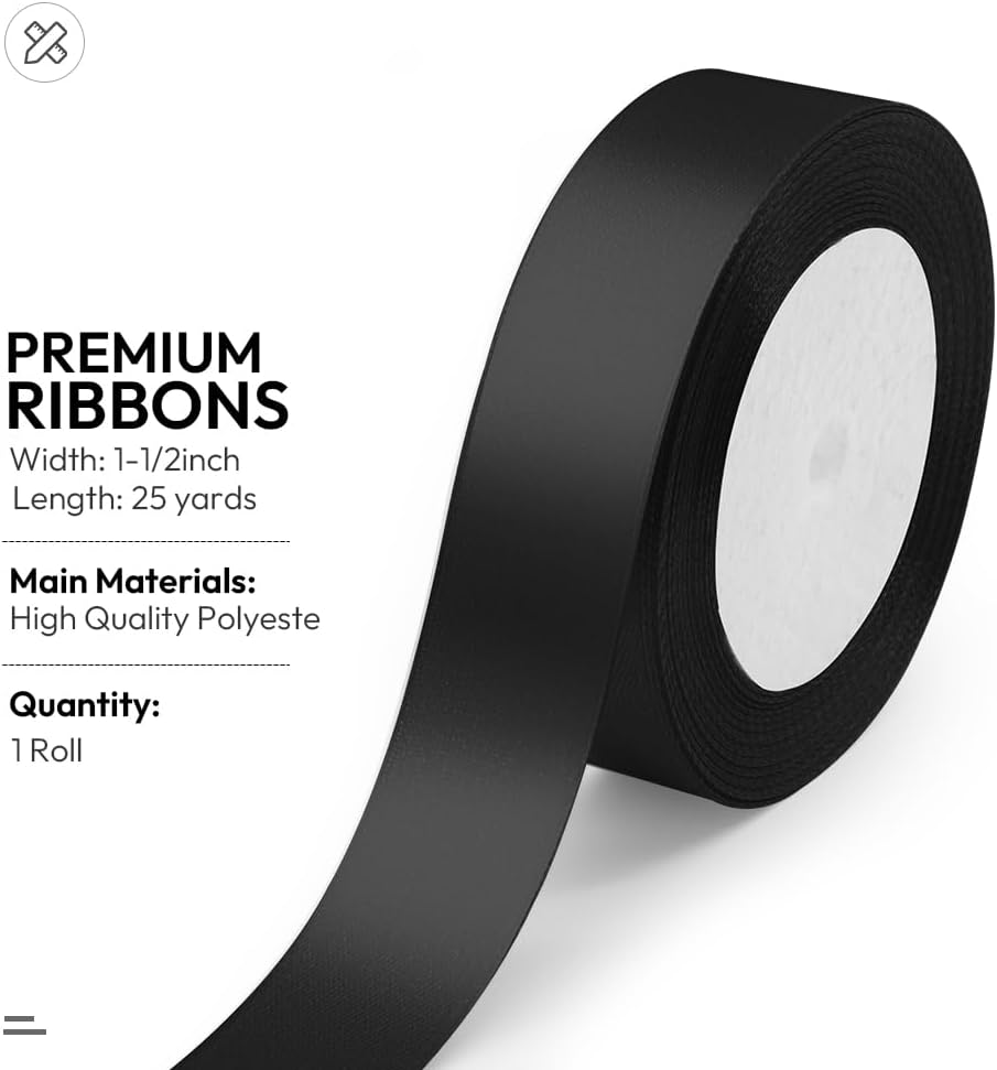 KMER LIFE Solid Color Black Satin Ribbon, 1 Inches x 25 Yards Fabric Satin Ribbon for Gift Wrapping, Crafts, Hair Bows Making, Wreath, Wedding Party Decoration and Other Sewing Projects