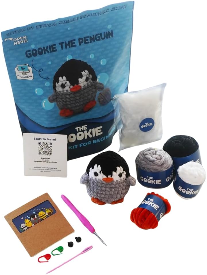 The Gookie Amigurumi Crochet Kit for Beginners – DIY Crochet Kit with Yarn, Hook, Eyes & Stuffing – Easy Starter Set with Video Tutorials – Cute Plush Toy Craft Gift for Kids, Teens & Adults (Penguin)