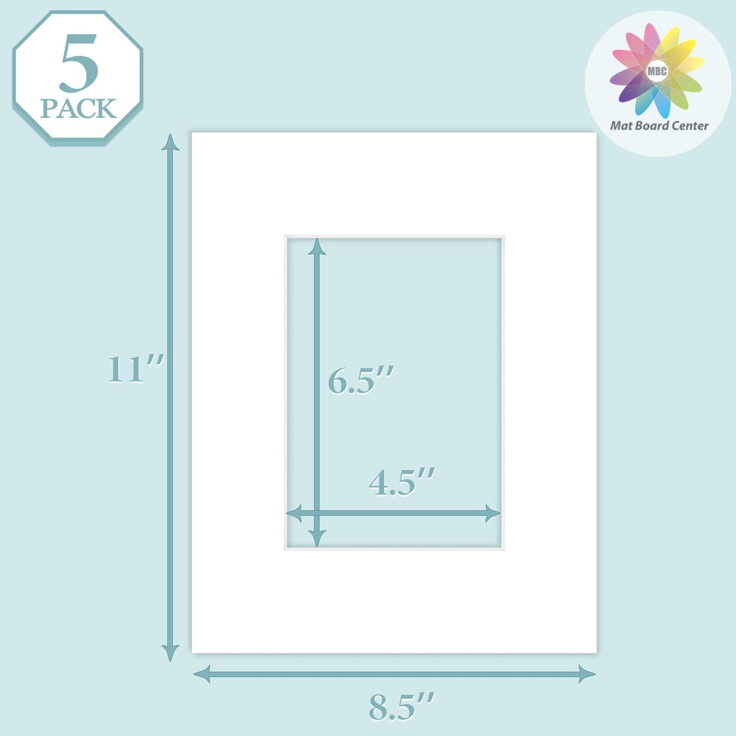 MBC Mat Board Center, 5 Pack 8.5X11 for 5X7 White Picture Mats Frame Mattes, Bevel Cut, Acid Free, 4-Ply Thickness