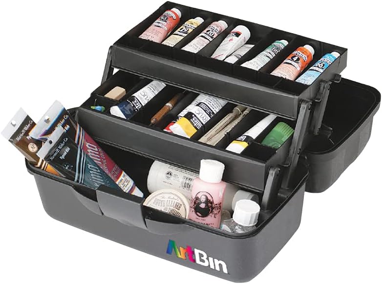 ArtBin 6892AG 2-Tray Art Supply Box, Portable Art & Craft Organizer with Lift-Up Trays, [1] Plastic Storage Case, Gray/Black