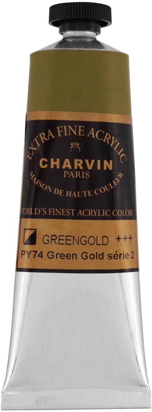Charvin Extra Fine Professional Acrylic Paint - Green Gold, 60ml Tube, Triple-Milled, Lightfast Pigments, Open Stock Artist Acrylic Paints in Nature-Inspired Hues