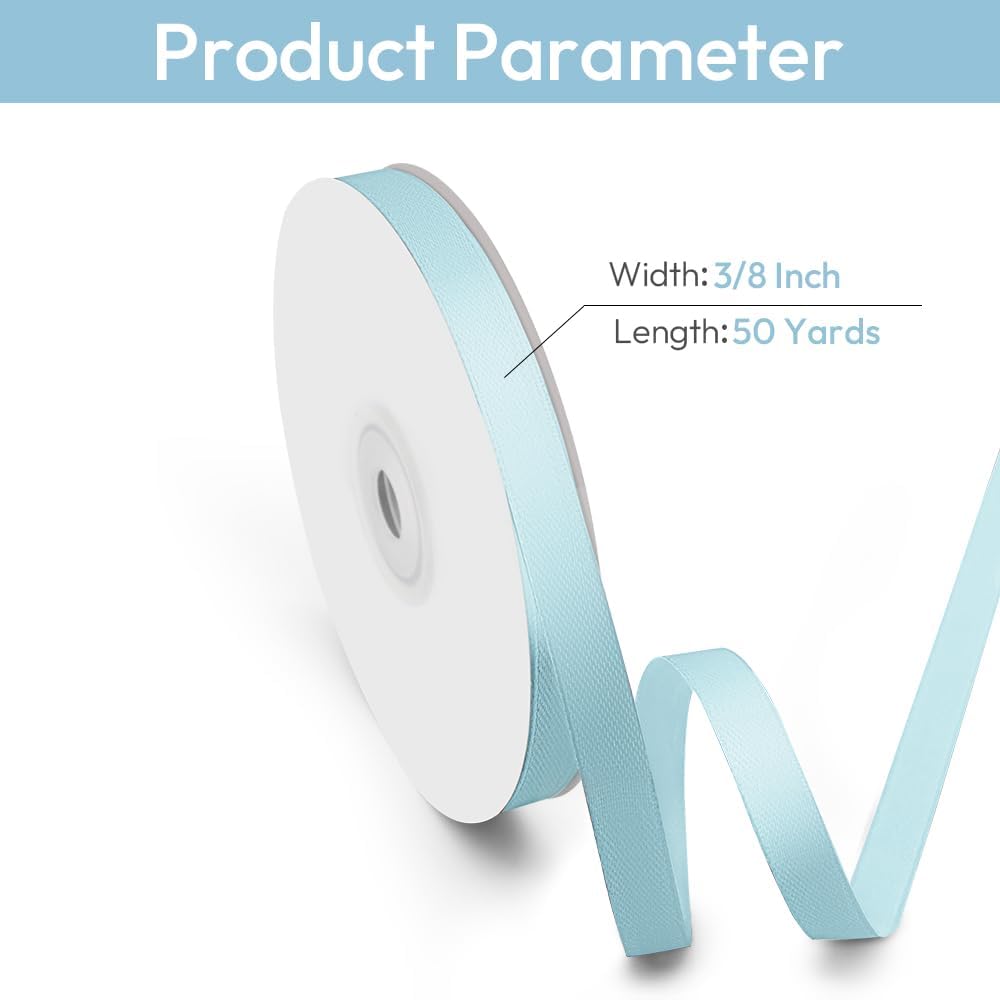 3/8" Width x 50 Yards Satin Fabric Ribbon, Light Blue Ribbon Perfect for DIY Bows, Swags, Gift Wrapping, Craft, Flower Bouquet，Christmas and Party Decoration