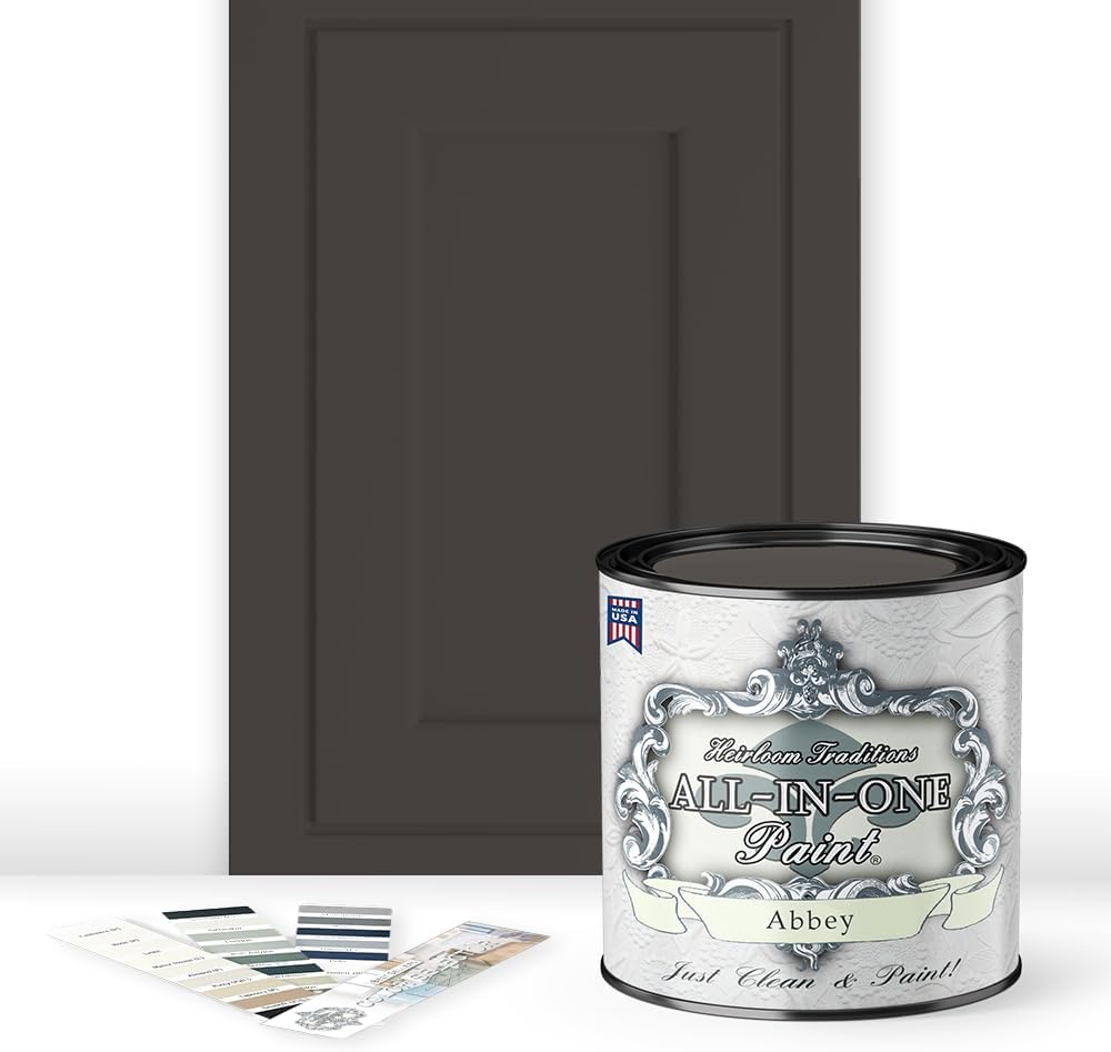 ALL-IN-ONE Paint, Durable cabinet and furniture paint. Built in primer and top coat, no sanding needed. Includes our 30 featured color card - Abbey (warm gray), Quart