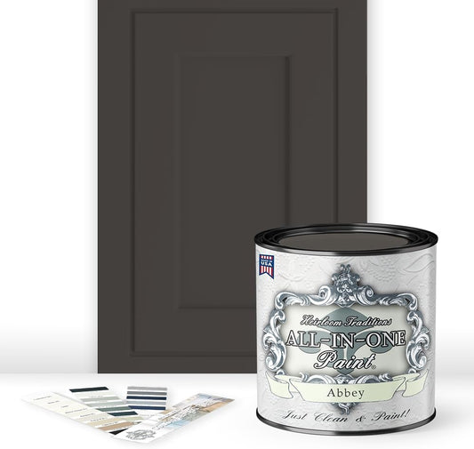 ALL-IN-ONE Paint, Durable cabinet and furniture paint. Built in primer and top coat, no sanding needed. Includes our 30 featured color card - Abbey (warm gray), Quart