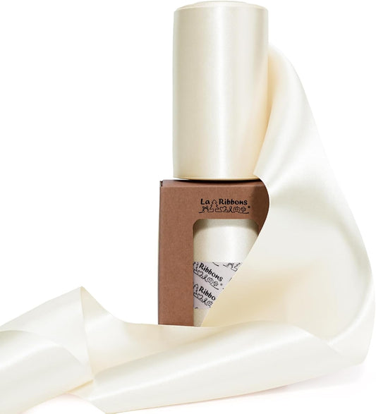 LaRibbons Ivory Satin Ribbon 4 Inch 10 Yards Double Faced Luxury White Cream Silk Ribbon for Gift Wrapping Flower Bouquets Bow Christmas Wedding Party Decoration