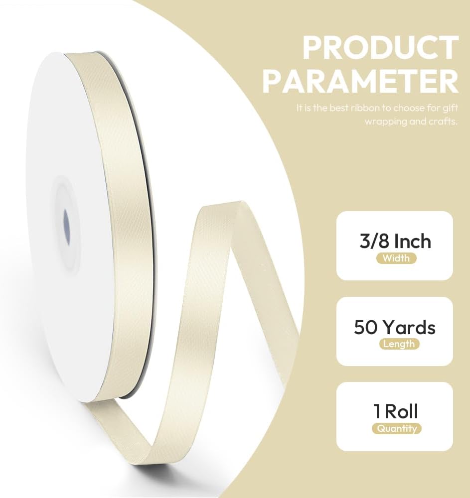 3/8" x 50 Yards Satin Ribbon - Ivory Silk Ribbon with Spool - Ideal for Gift Wrapping, Floral Bouquets, Crafts, Wedding Party Decorations, Christmas and Sewing Projects