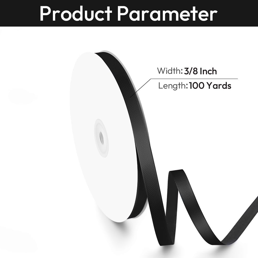 3/8" Width x 100 Yards Satin Ribbon, Thin Black Ribbon Perfect for DIY Craft, Bows, Gift Wrapping, Flower Bouquet, Valentine's Day, Christmas and Halloween Party Decoration