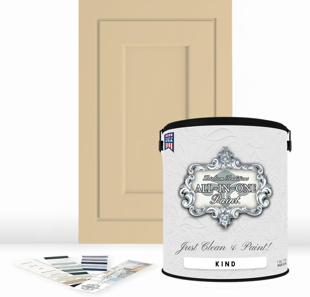ALL-IN-ONE Paint, Durable cabinet and furniture paint. Built in primer and top coat, no sanding needed. Includes our 30 featured color card - Kind (buttery yellow), Gallon