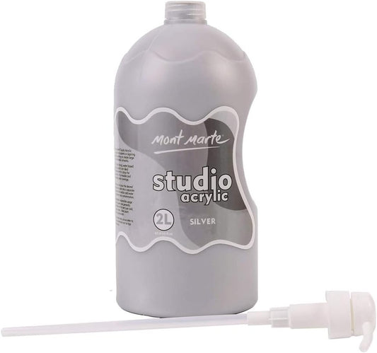 Mont Marte Discovery School Acrylic, Silver, 1/2 Gallon (2 Liter). Ideal for Students and Artists. Excellent Coverage and Fast Drying. Pump Lid Included.