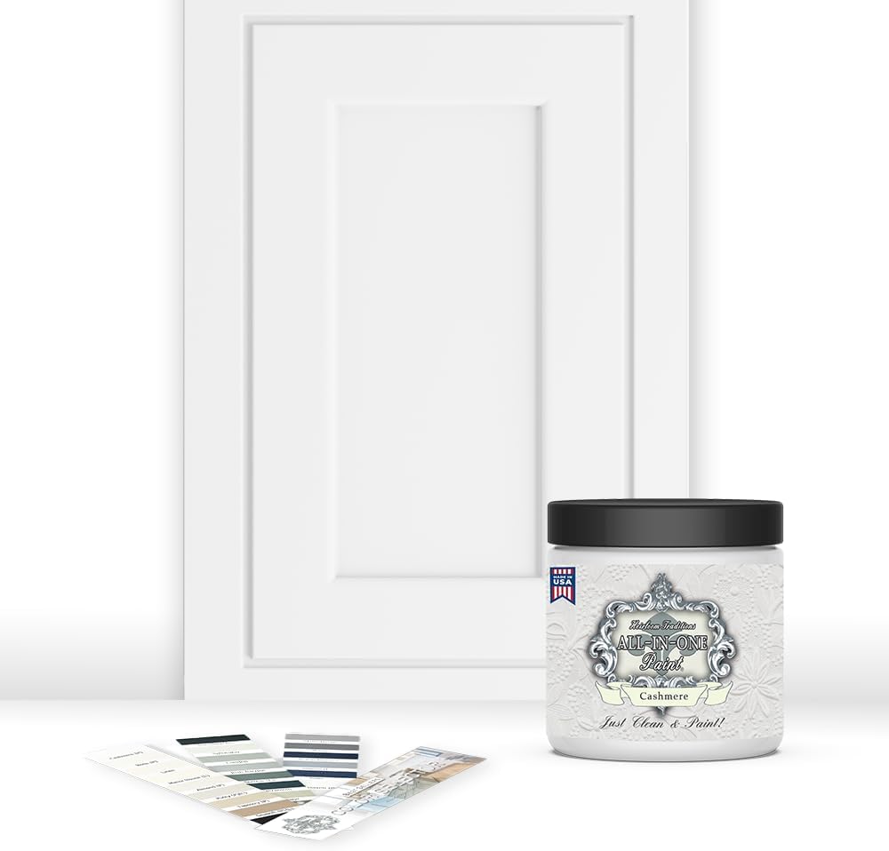 ALL-IN-ONE Paint, Durable cabinet and furniture paint. Built in primer and top coat, no sanding needed. Includes our 30 featured color card - Cashmere (true white), 8oz Sample