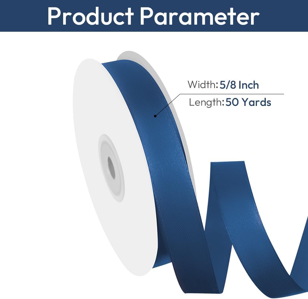 5/8" Width x 50 Yards Satin Fabric Ribbon, Navy Blue Ribbon Perfect for DIY Bows, Swags, Gift Wrapping, Craft, Flower Bouquet，Christmas and Party Decoration