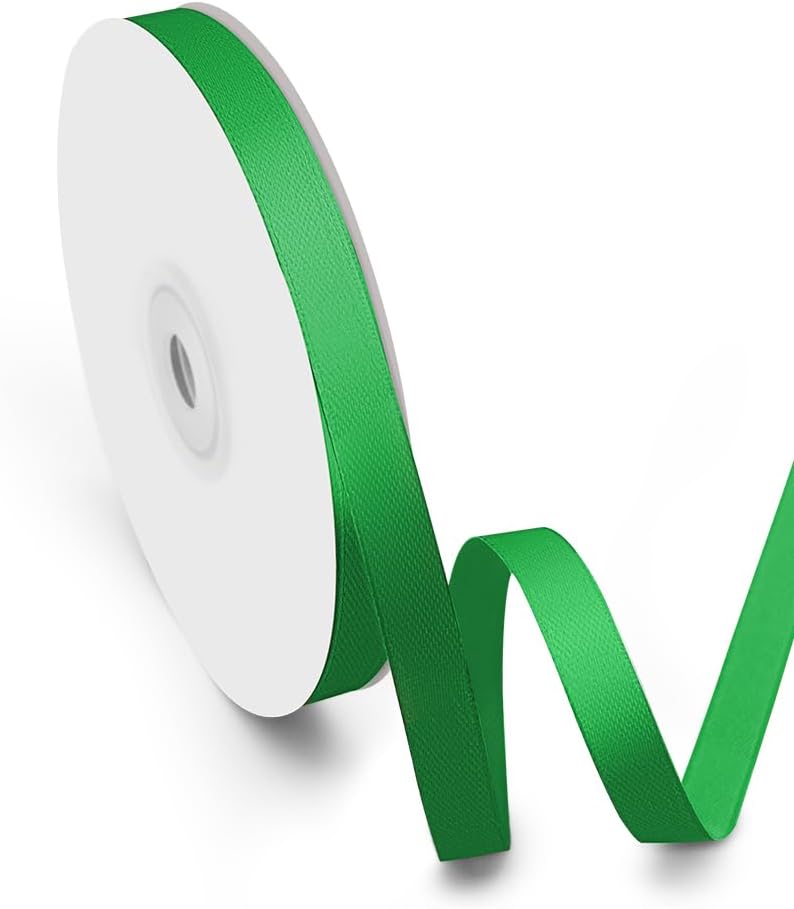 3/8" Width x 50 Yards Satin Fabric Ribbon, Green Ribbon Perfect for DIY Bows, Swags, Gift Wrapping, Craft, Flower Bouquet，Christmas and Party Decoration