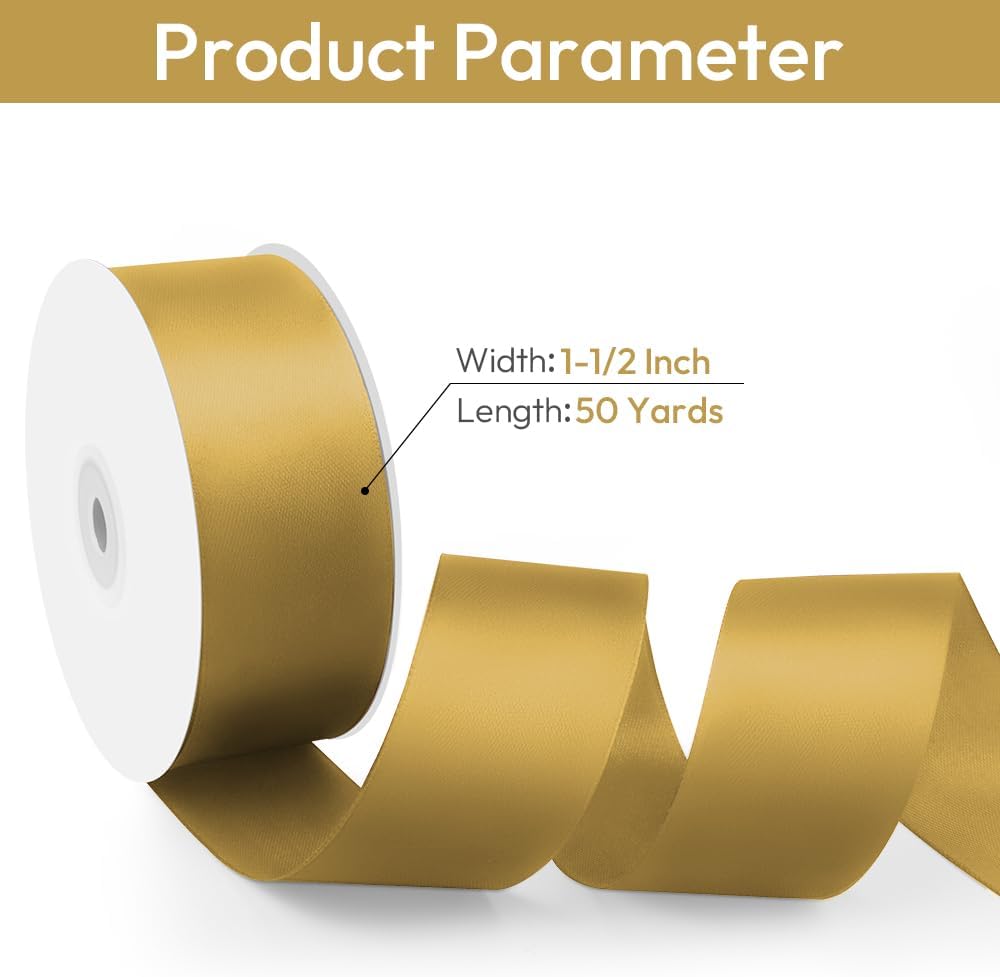1-1/2" Width x 50 Yards Satin Fabric Ribbon, Gold Ribbon Perfect for DIY Bows, Swags, Gift Wrapping, Craft, Flower Bouquet，Christmas and Party Decoration