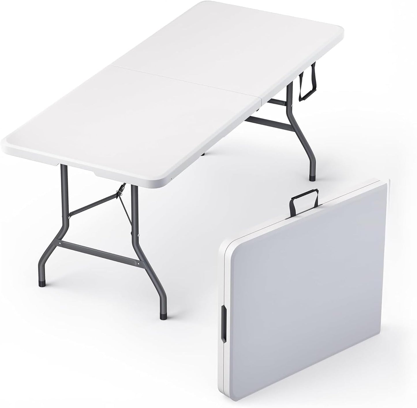 6ft Portable Folding Table Heavy Duty – White Plastic Picnic Party Table with Handle for Camping, Backyard BBQ, Vendor Events, Christmas Use