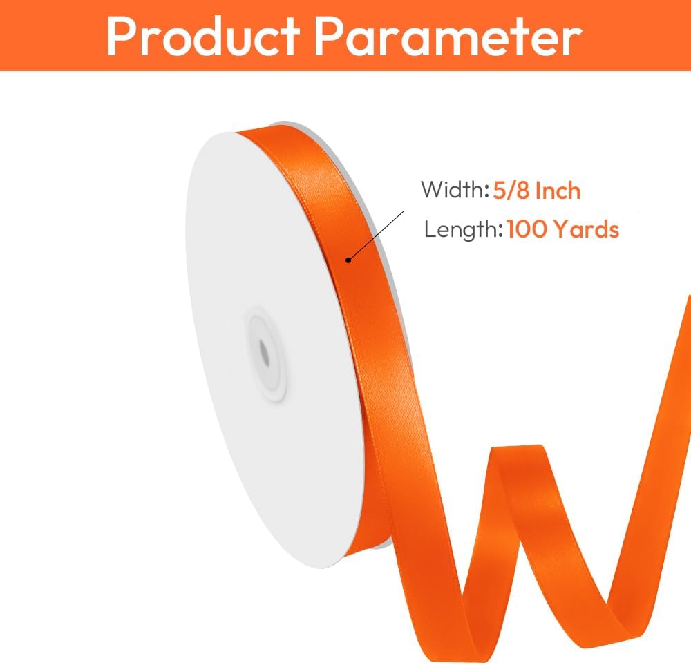 5/8" x 100 Yards Orange Ribbon, Orange Satin Ribbons for Gift Wrapping, DIY Craft, Flower Bouquet, Valentine's Day, Halloween and Birthday Party Decoration