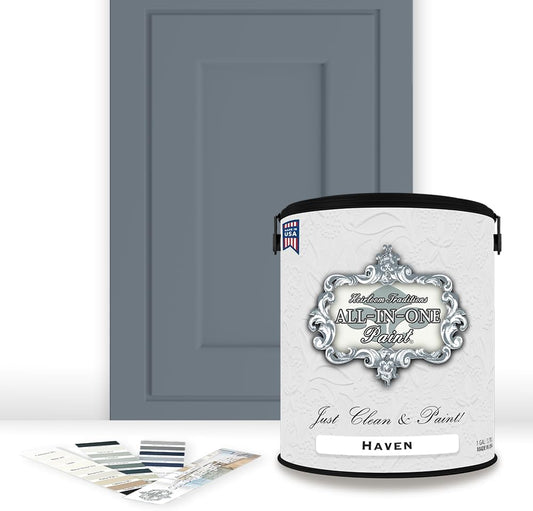 ALL-IN-ONE Paint, Durable cabinet and furniture paint. Built in primer and top coat, no sanding needed. Includes our 30 featured color card - Haven (heathered, muted blue), Gallon