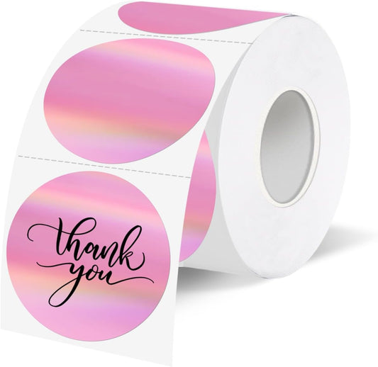 Holographic Thermal Labels Stickers 1.5 inch, Glitter Round Direct Thermal Stickers Label, Perforation Line Design- 350 Sheets/Pink