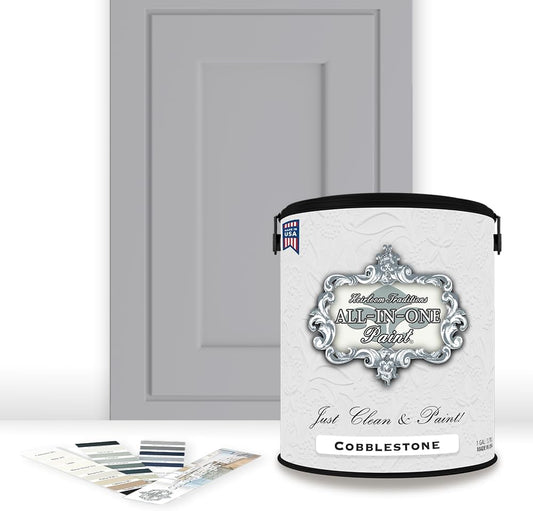 ALL-IN-ONE Paint, Durable cabinet and furniture paint. Built in primer and top coat, no sanding needed. Includes our 30 featured color card - Cobblestone (gray), Gallon
