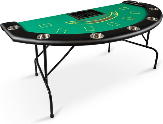 Foldable 7 Players Poker Table for Blackjack, Texas Hold'em Table with Stainless Steel Cup Holder, Casino Leisure Table for Card Games, Dominoes, Board Games,Green Speed Felt