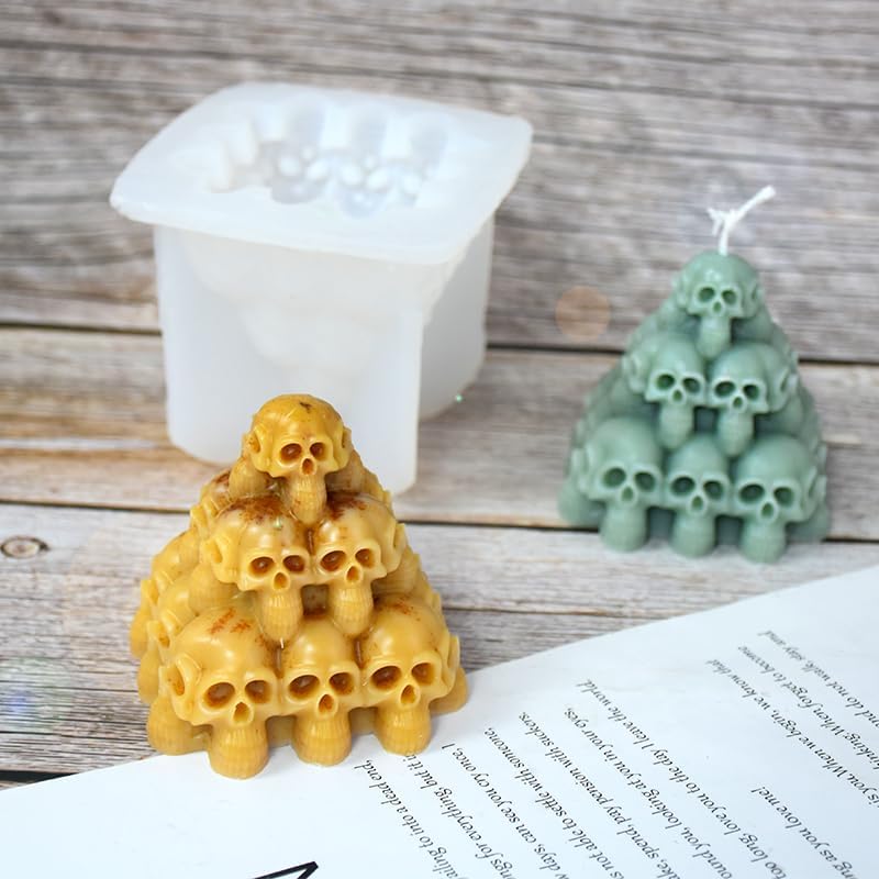Halloween Skull Head Pyramid Candle Silicone Mold, DIY 3D Carved Skeleton Candle Making Wax Mould Gypsum Ornament Resin Soap Chocolate Mold Home Decor