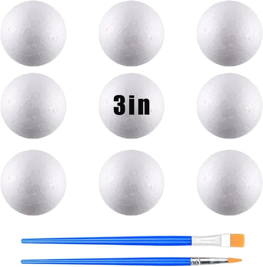 hesmartly 9 Pack 3 Inch Craft Foam Balls,White Polystyrene Smooth Round Balls and 2 Pieces Painting Brushes for DIY Projects Arts and Crafts Supplies