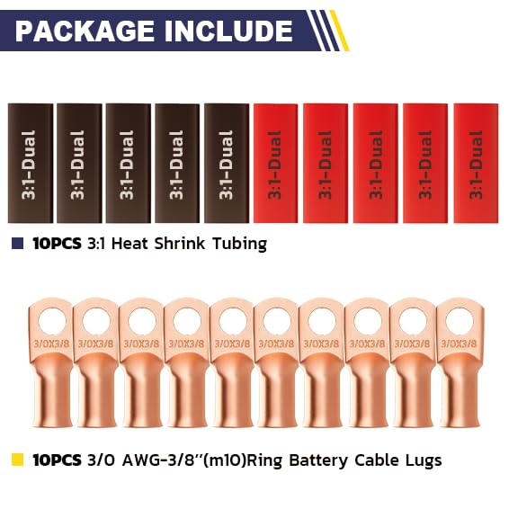 haisstronica 10pcs 3/0 AWG - 3/8"(M10) Battery Cable Lugs, Heavy Duty Copper Wire Lugs with 10pcs 3:1 Adhesive Heat Shrink Tubing, 000 Gauge Wire Lugs, Battery Terminal Connector, Battery Cable Ends