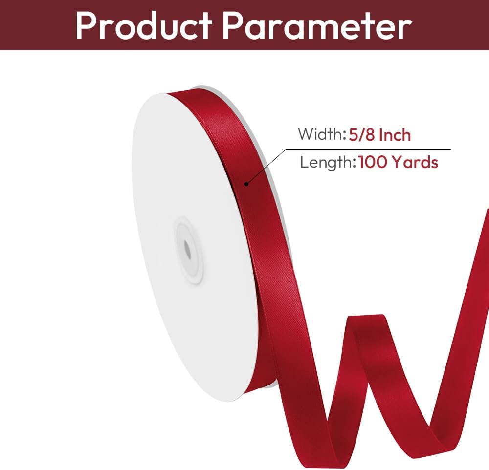 5/8" Width x 100 Yards Satin Ribbon, Burgundy Ribbon Perfect for DIY Craft, Bows, Gift Wrapping, Flower Bouquet, Valentine's Day, Christmas and Party Decoration