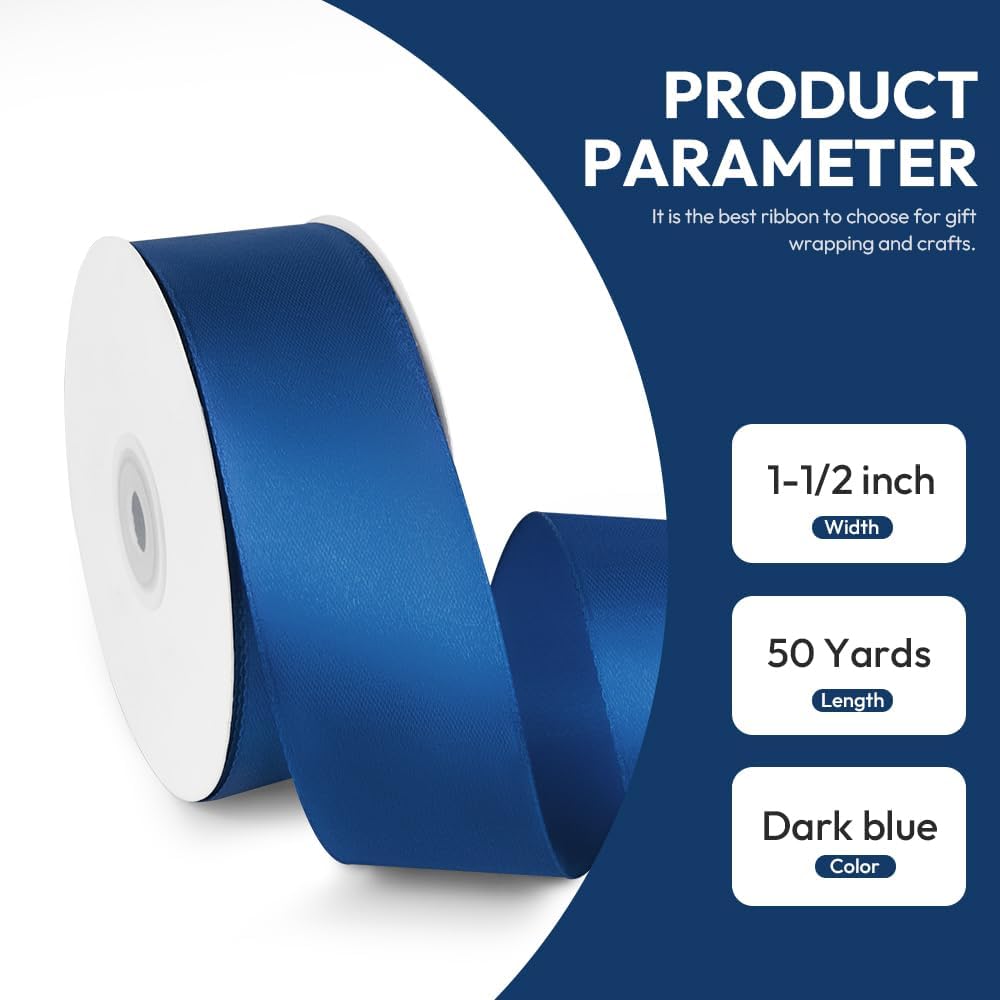 1-1/2" x 50 Yards Satin Ribbon - Navy Blue Silk Ribbon with Spool - Ideal for Gift Wrapping, Floral Bouquets, Crafts, Wedding Party Decorations, Christmas and Sewing Projects