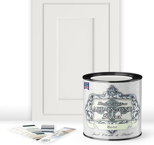 ALL-IN-ONE Paint, Durable cabinet and furniture paint. Built in primer and top coat, no sanding needed. Includes our 30 featured color card - Bone (off white), Quart
