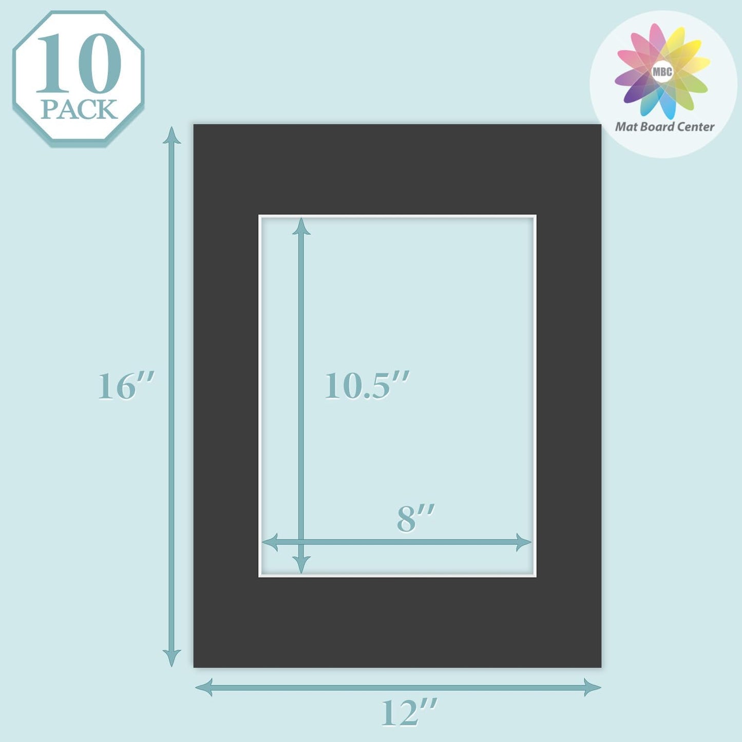 MBC Mat Board Center, 10 Pack 12x16 for 8.5x11 Black Picture Mats Frame Mattes, Bevel Cut, Acid Free, 4-ply Thickness