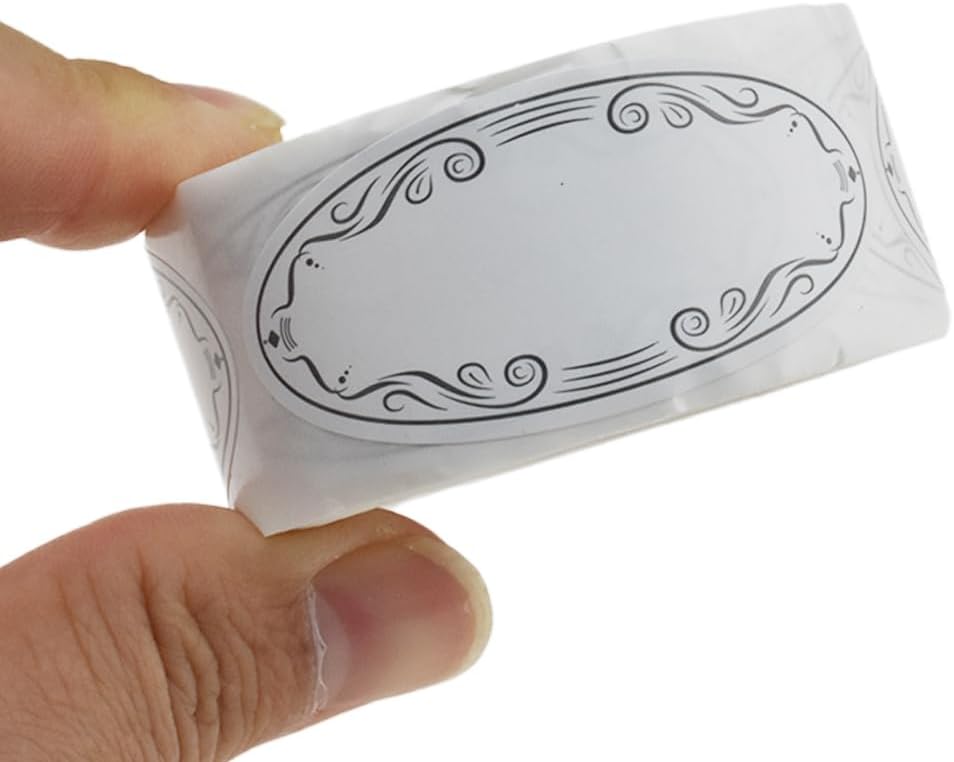 HAHIYO 1*2.25In 150P Oval White Kraft Stickers with Black Artistic Border - Timeless Design Blank Kraft Labels Roll to Write On Durable Dot Stickers for Jar Canning Labels Price Tags Store Organizing