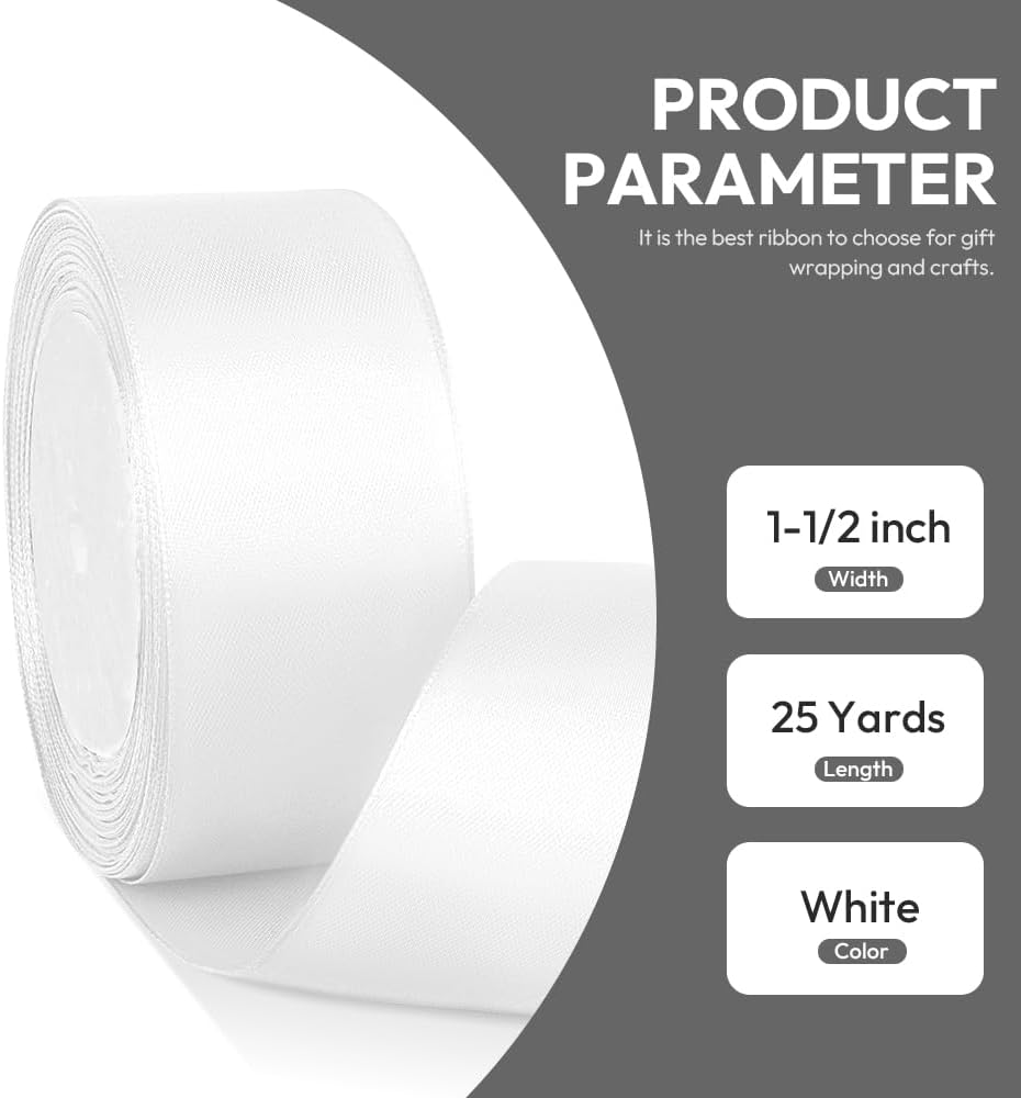 1-1/2" x 25 Yards Satin Ribbon, White Silk Ribbon Ideal for Gift Wrapping, Floral Bouquets, Crafts, Wedding Party Decorations, Christmas and Sewing Projects