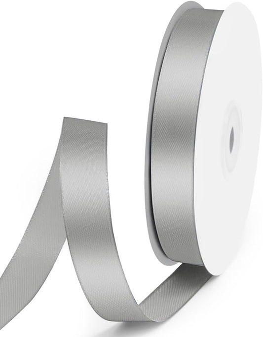 5/8" x 50 Yards Satin Ribbon - Silver Silk Ribbon with Spool - Ideal for Gift Wrapping, Floral Bouquets, Crafts, Wedding Party Decorations, Christmas and Sewing Projects