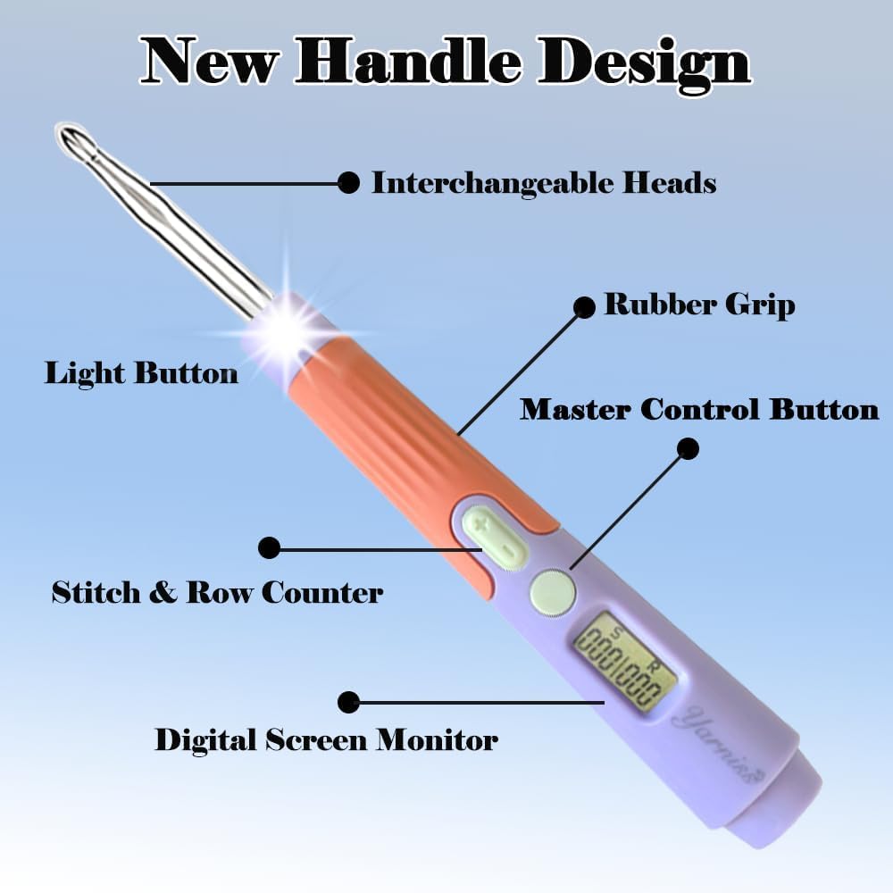 Yarniss Crochet Hooks with Counter 2.0mm-14.0mm,18 Size Digital Counting & Lighted Crochet Hooks Set with Case