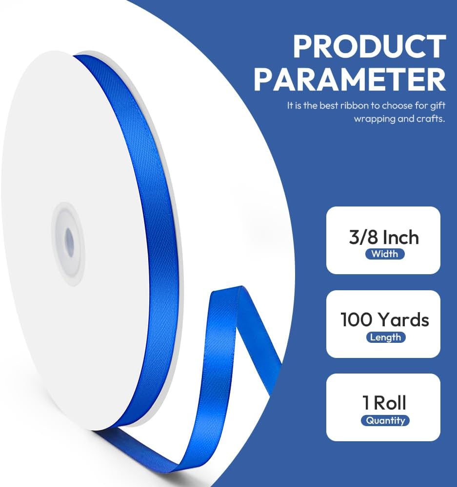 3/8" x 100 Yards Satin Ribbon - Royal Blue Silk Ribbon with Spool - Ideal for Gift Wrapping, Floral Bouquets, Crafts, Wedding Party Decorations, Christmas and Sewing Projects