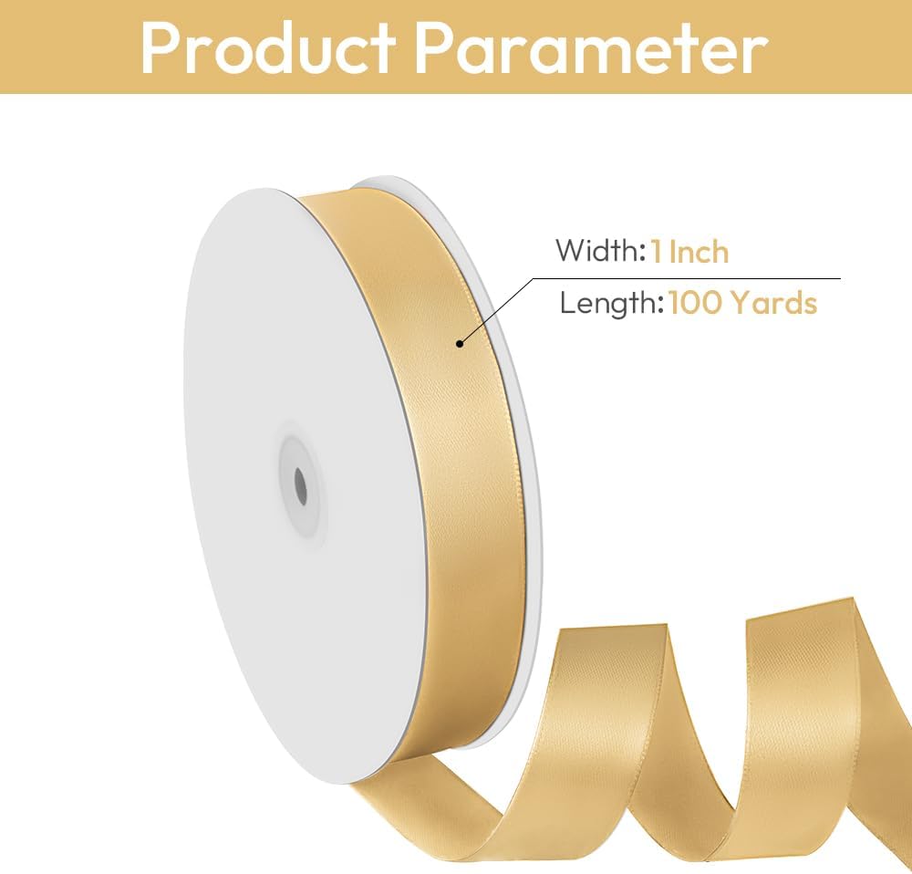 1" Width x 100 Yards Satin Ribbon, Light Gold Ribbon Perfect for DIY Craft, Bows, Gift Wrapping, Flower Bouquet, Valentine's Day, Christmas and Party Decoration