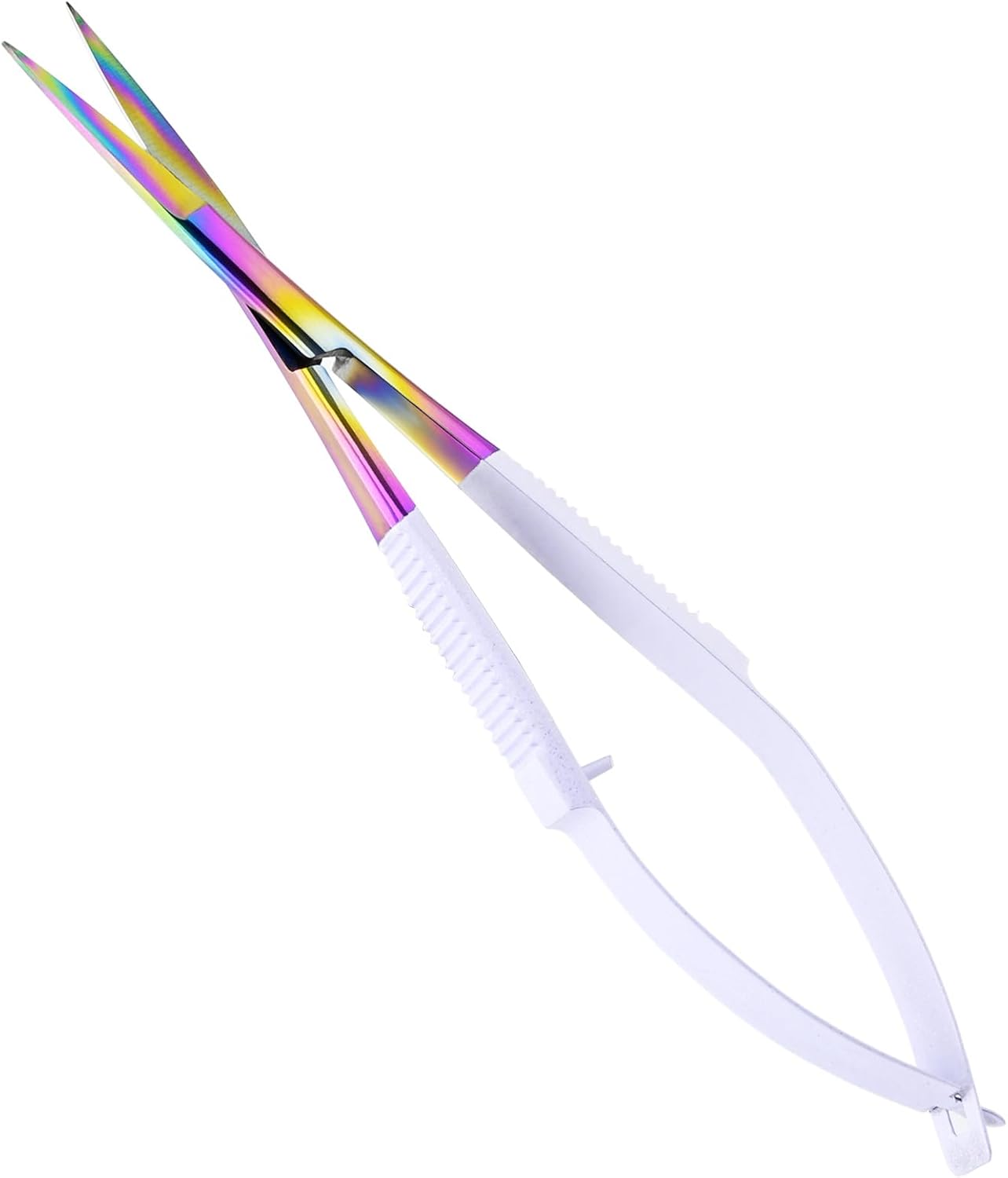 Cross Edge Spring Scissors 5 Inch straight Stainless-Steel Precision Eyebrow & Eyelash Shaping Trimming Scissor, Squeeze, Embroidery, Knitting Micro Tip Craft Scissors (Rainbow Glitter White)