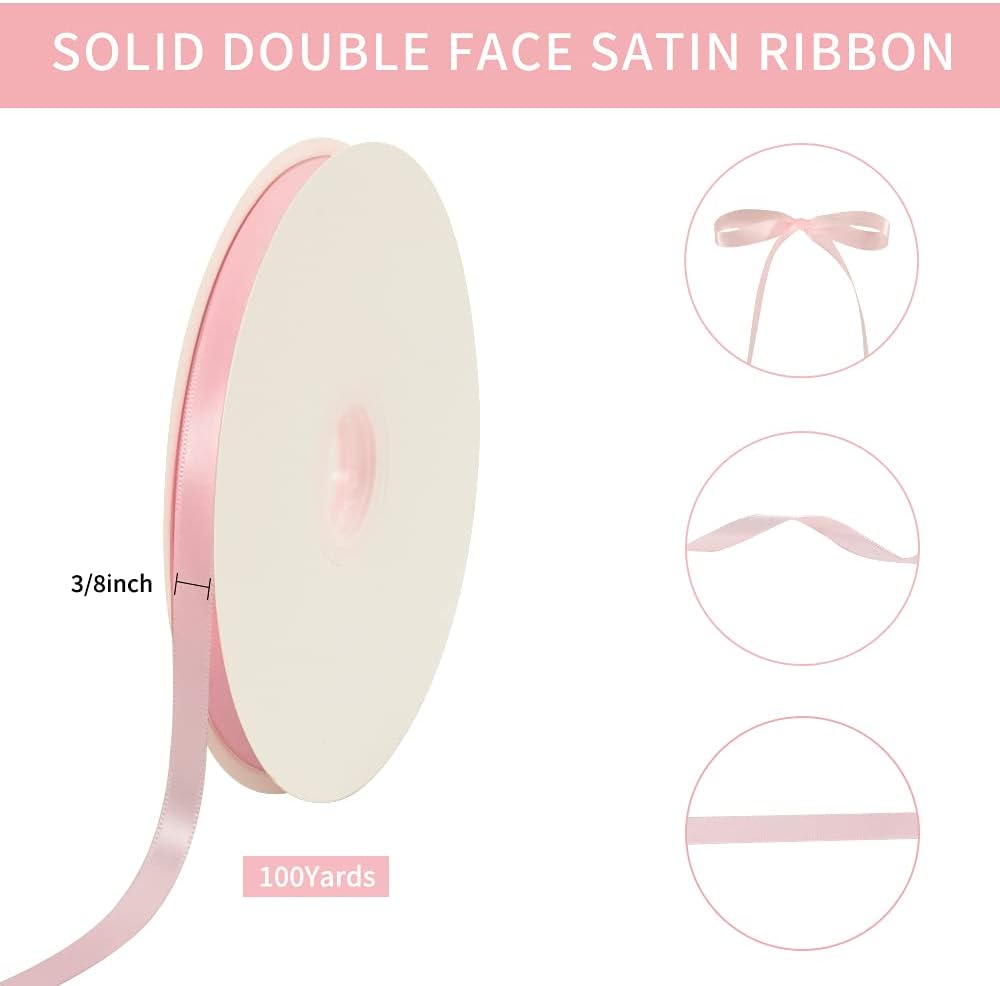 TONIFUL 3/8 Inch x 100yds Light Pink Satin Ribbon Thin Solid Fabric Ribbons Roll for Gift Wrapping Invitation Floral Hair Balloons Craft Party Wedding Decoration Valentine's Day Bouquet