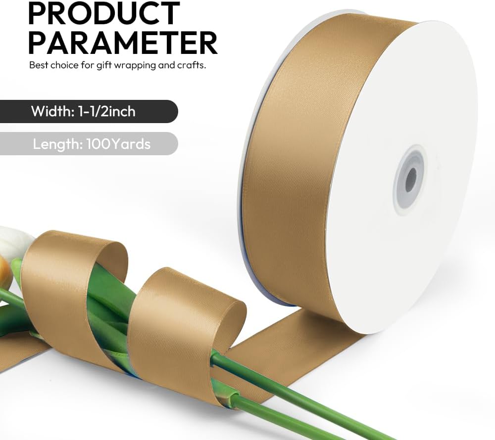 1-1/2 Inch 100 Yards Satin Ribbon Champagne Gold, Solid Color Fabric Ribbon for Gift Wrapping, Wedding, Polyester Gift Ribbon for Birthday Party Decoration, Craft, Hair, Floral, Sewing