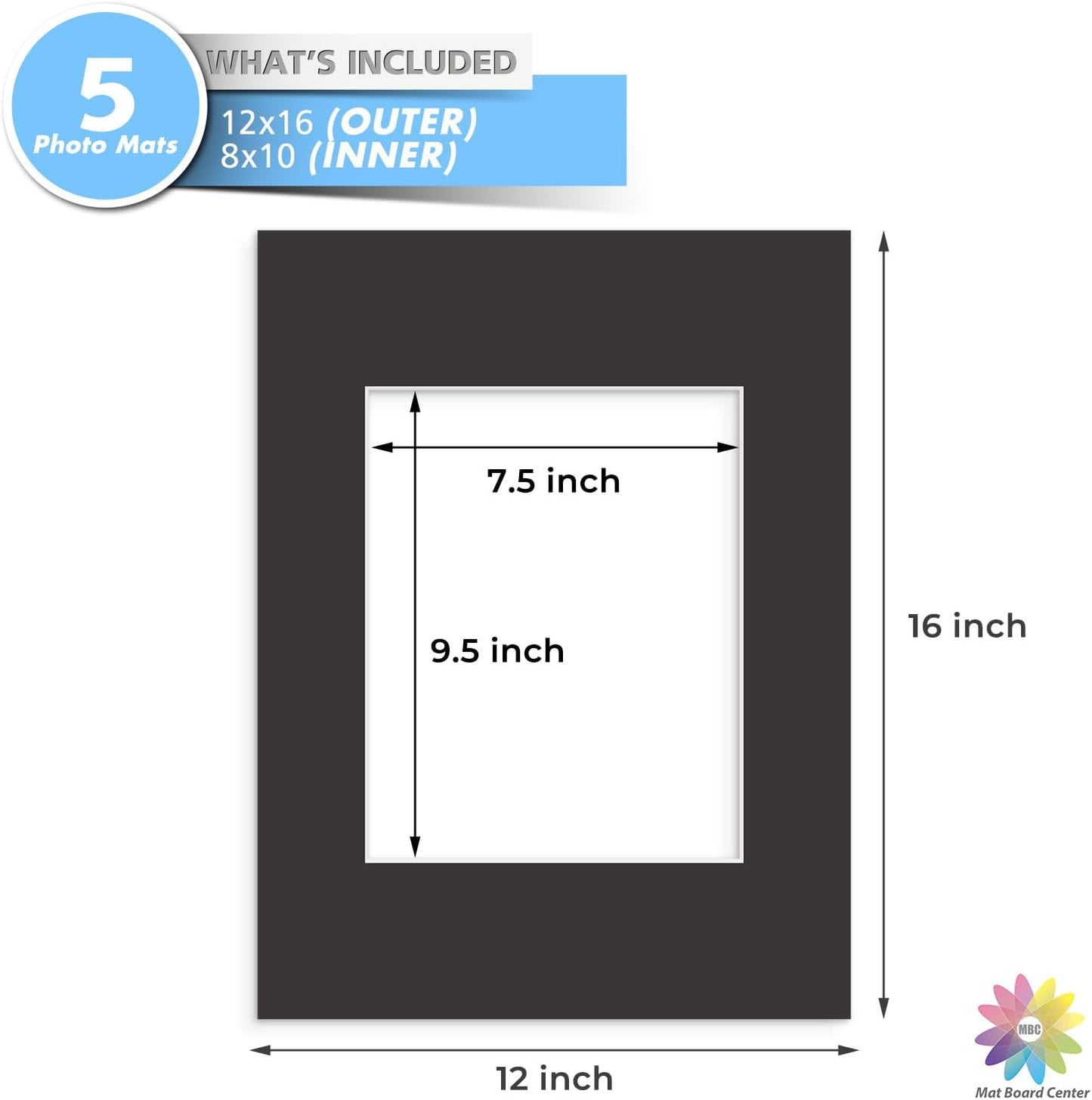 MBC Mat Board Center, 5 Pack 12x16 for 8x10 Black Picture Mats Frame Mattes, Bevel Cut, Acid Free, 4-ply Thickness