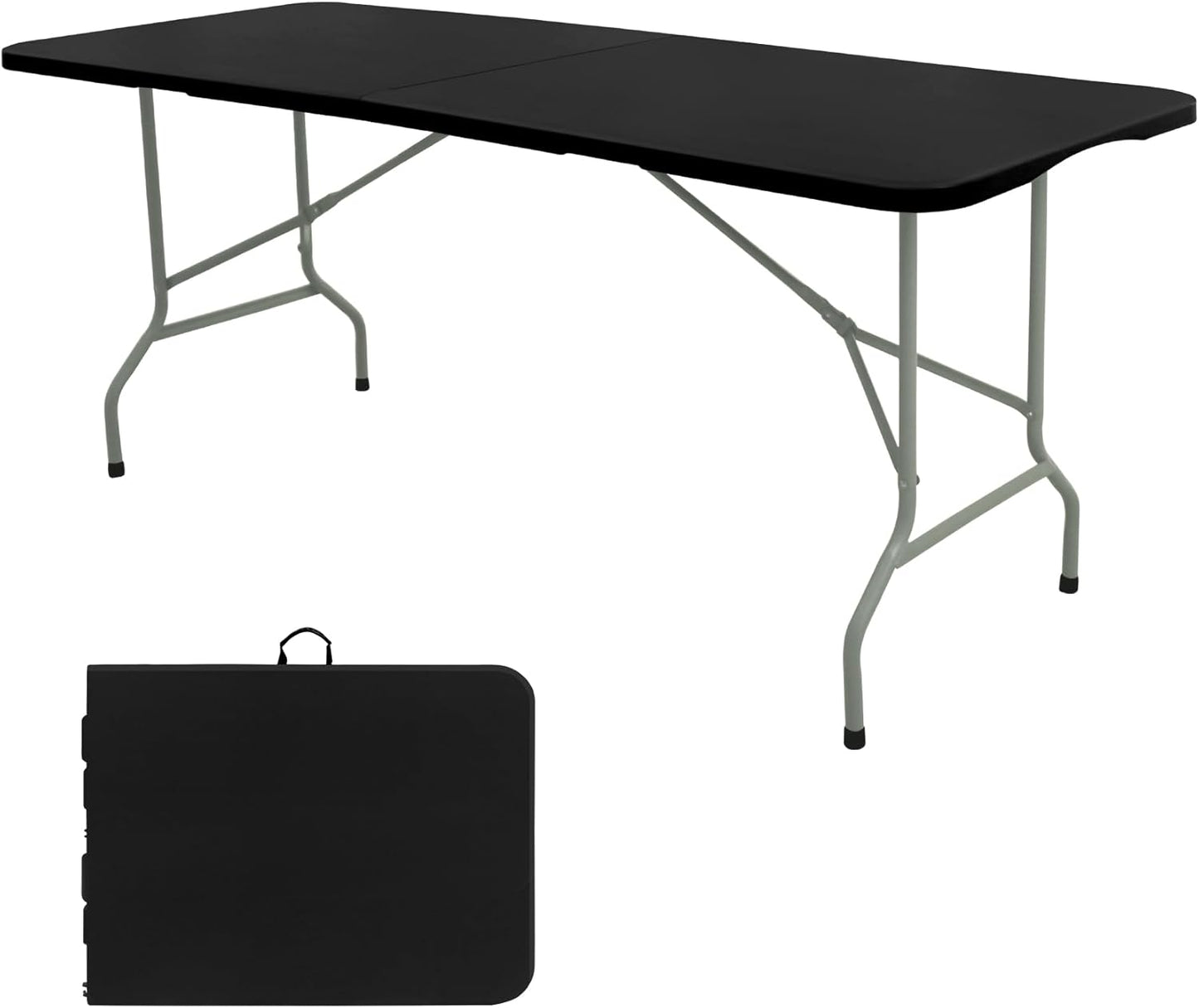 Folding Table 6 FT Camping Table Portable Plastic Rectangular Outdoor Dining Table Steel Legs Fold-in-Half with Carrying Handle for Indoor,Picnic,Party,Wedding,Events(Black)