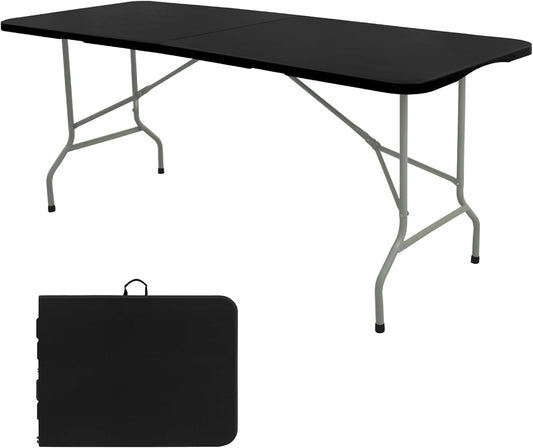 Folding Table 5FT Camping Table Portable Heavy Duty Plastic Rectangular Outdoor Dining Table Steel Legs Fold-in-Half with Carrying Handle for Indoor,Picnic,Party,Wedding,Events(Black)