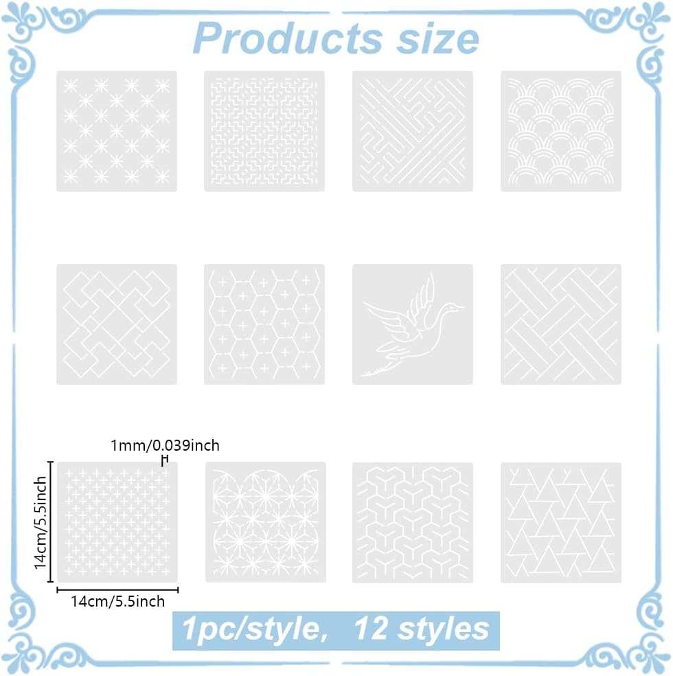 FREEBLOSS Embroidery Stencils - Geometric Sashiko Patterns - Acrylic 14x14cm