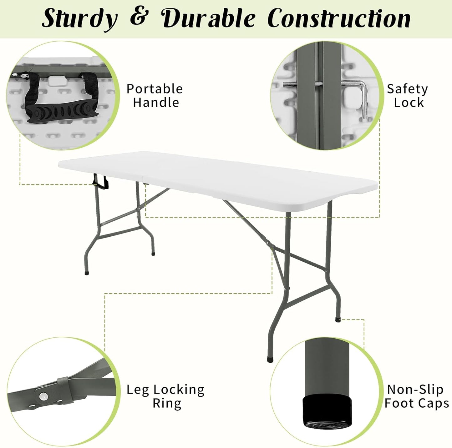8 FT Folding Tables White Foldable Table, Fold-in-Half with Carrying Handle Portable Plastic Rectangular Table for Party, Dining, Wedding, Camping, Picnic, Indoor Outdoor Events