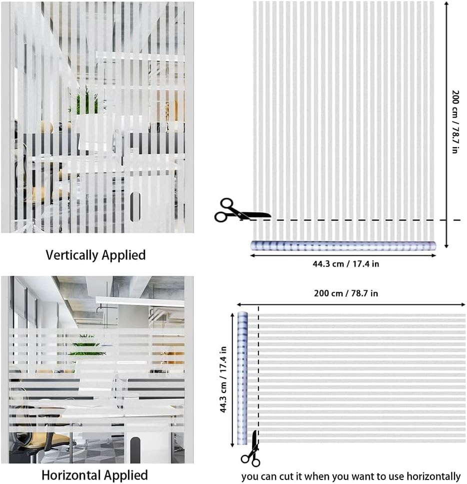 Qualsen Privacy Window Film, Frosted Windows Privacy Film, Frosting Cling for Glass, Anti-UV Reeded Blinds Sticker for Home Office Meeting Room, Stripe Patterns, 11.8x47inch