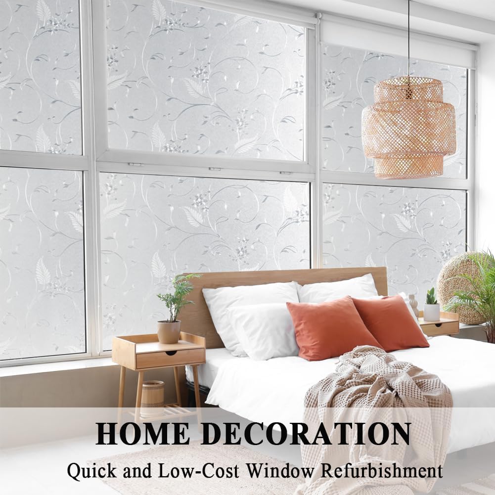 Mikomer Privacy Window Film Etched Flowers Static Cling Glass Door Film, Non Adhesive Heat Control Anti UV Window Cling for Office and Home Decoration,23.6 inches by 118 inches