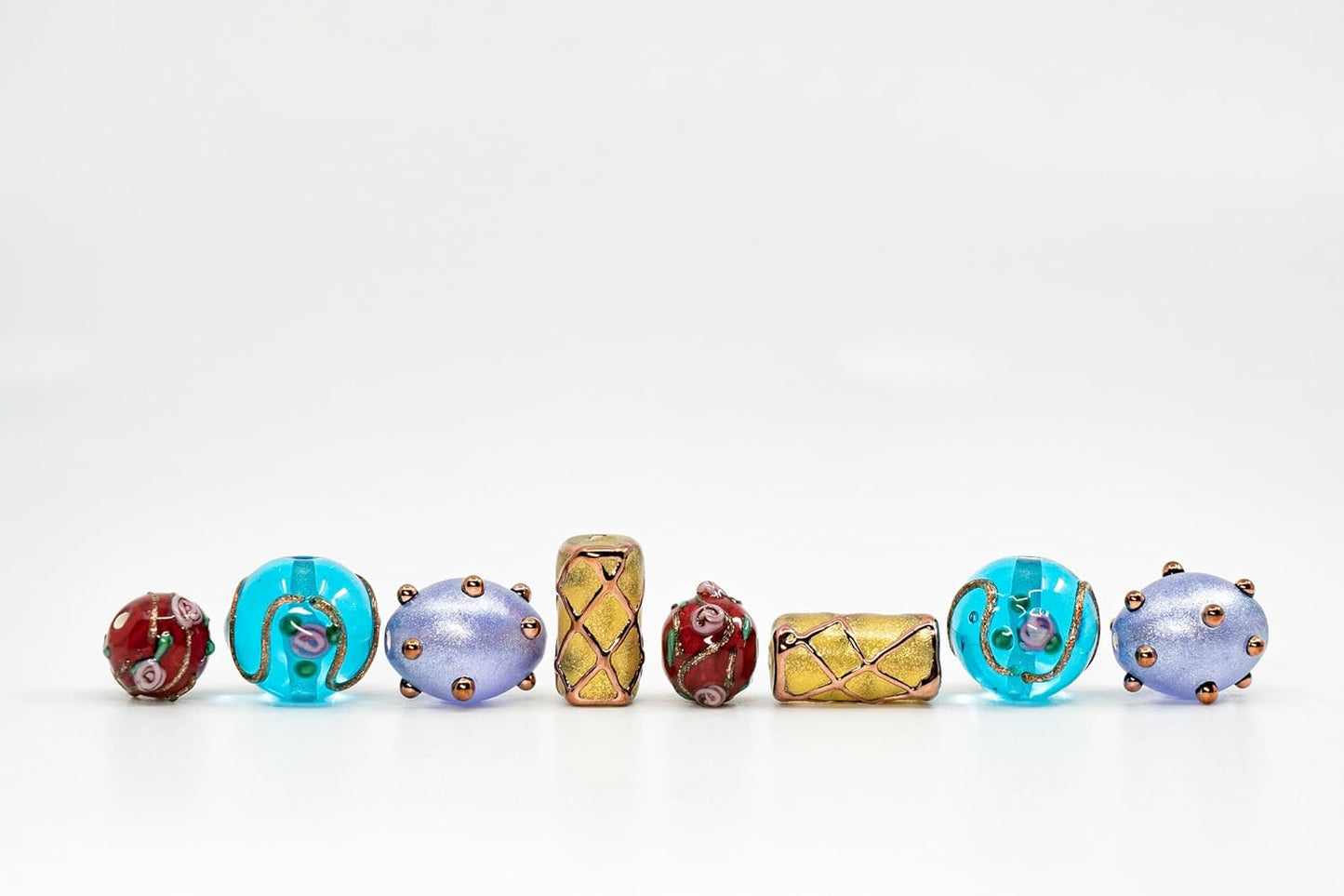 8 pcs Mix of Bohemia Lampwork Czech Glass Beads with Pearl Decorated Beads, Modern lampwork Design and Round Flower Beads, LW 002